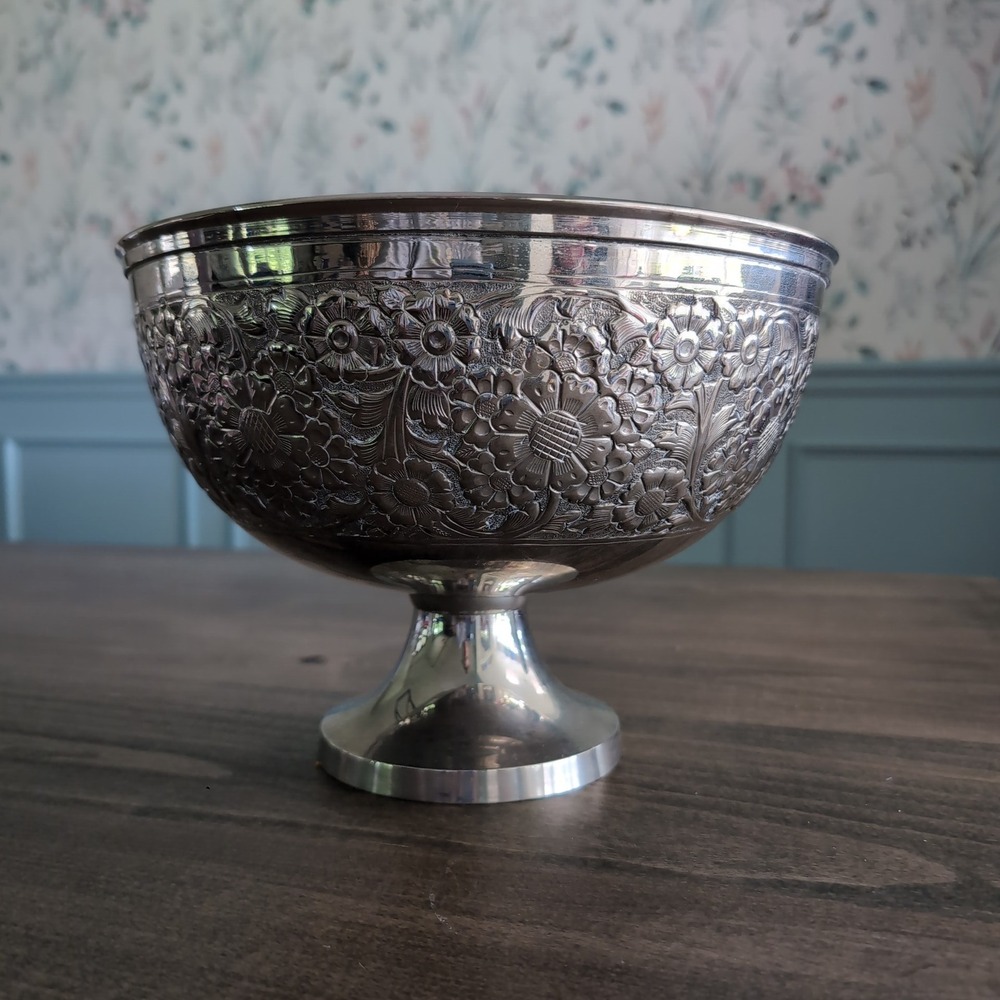 EPNS Floral Embossed Pedestal Bowl Silver Made in India Large Ornate Centerpiece